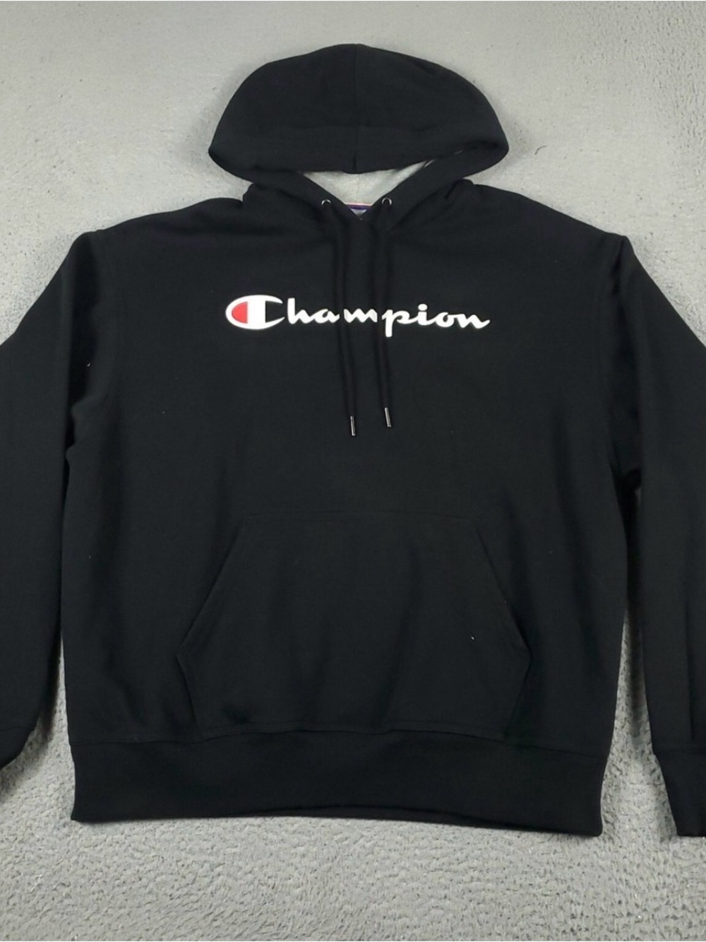 Champion Black Hoodie with White Script and Red Logo Accent